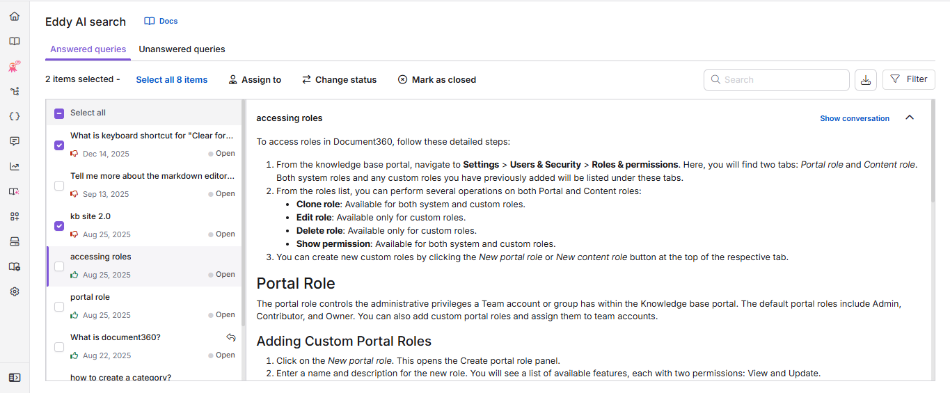 Manage feedback pop-up showing assignee and status options for bulk updates.