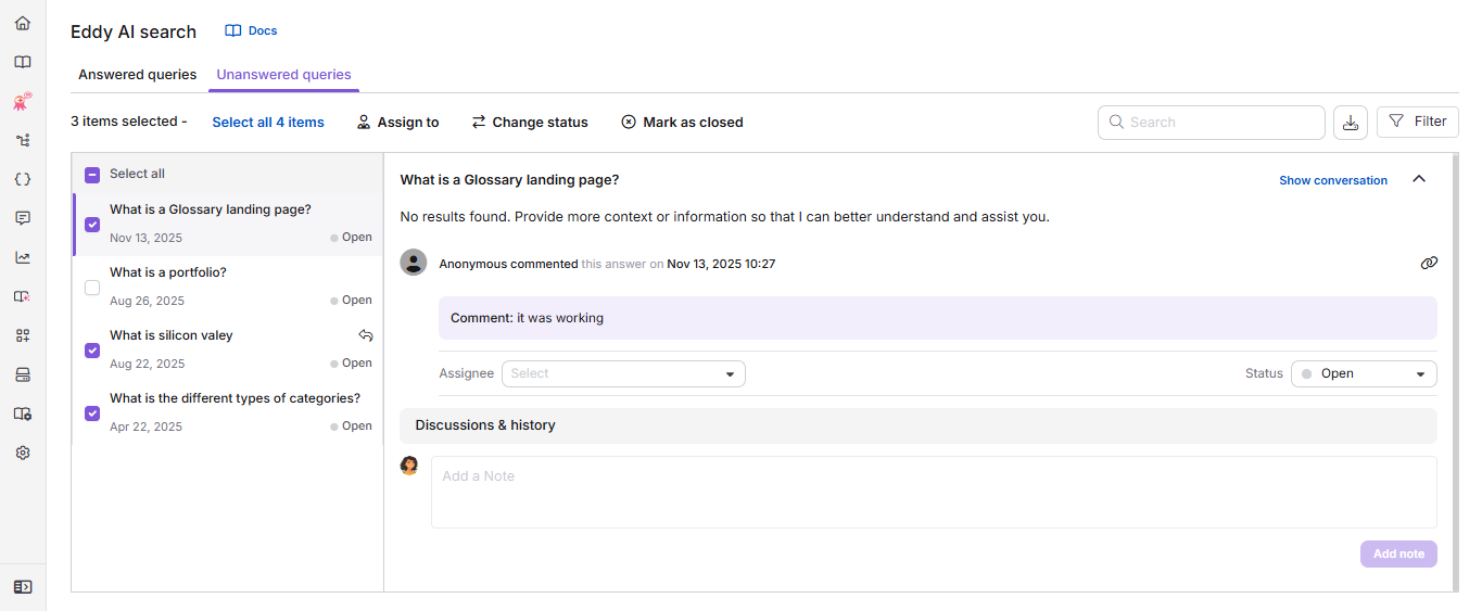 Manage feedback pop-up showing assignee and status options for bulk updates.