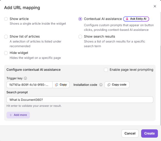 Configuration options for contextual AI assistance showing button-based prompting setup