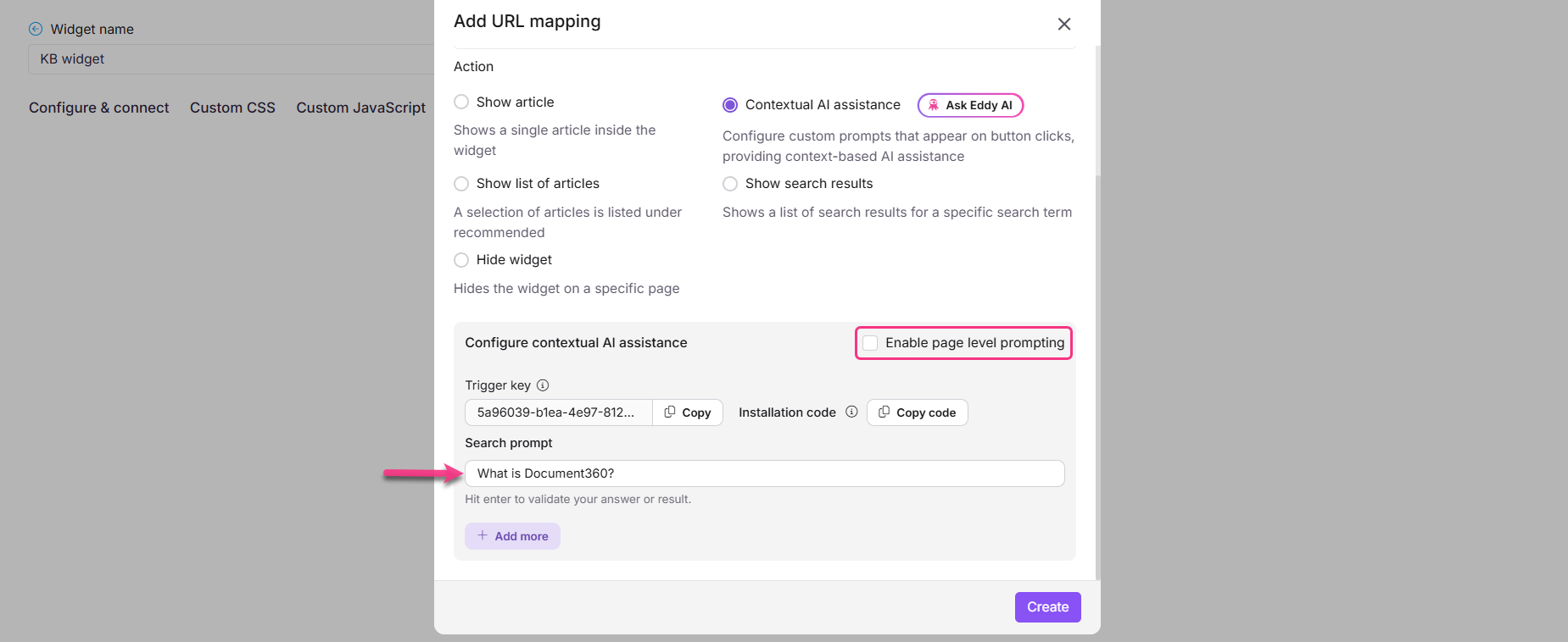 Configuration options for a contextual AI assistance widget with various actions listed.