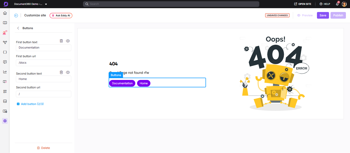 404 page buttons panel showing Documentation and Home navigation options