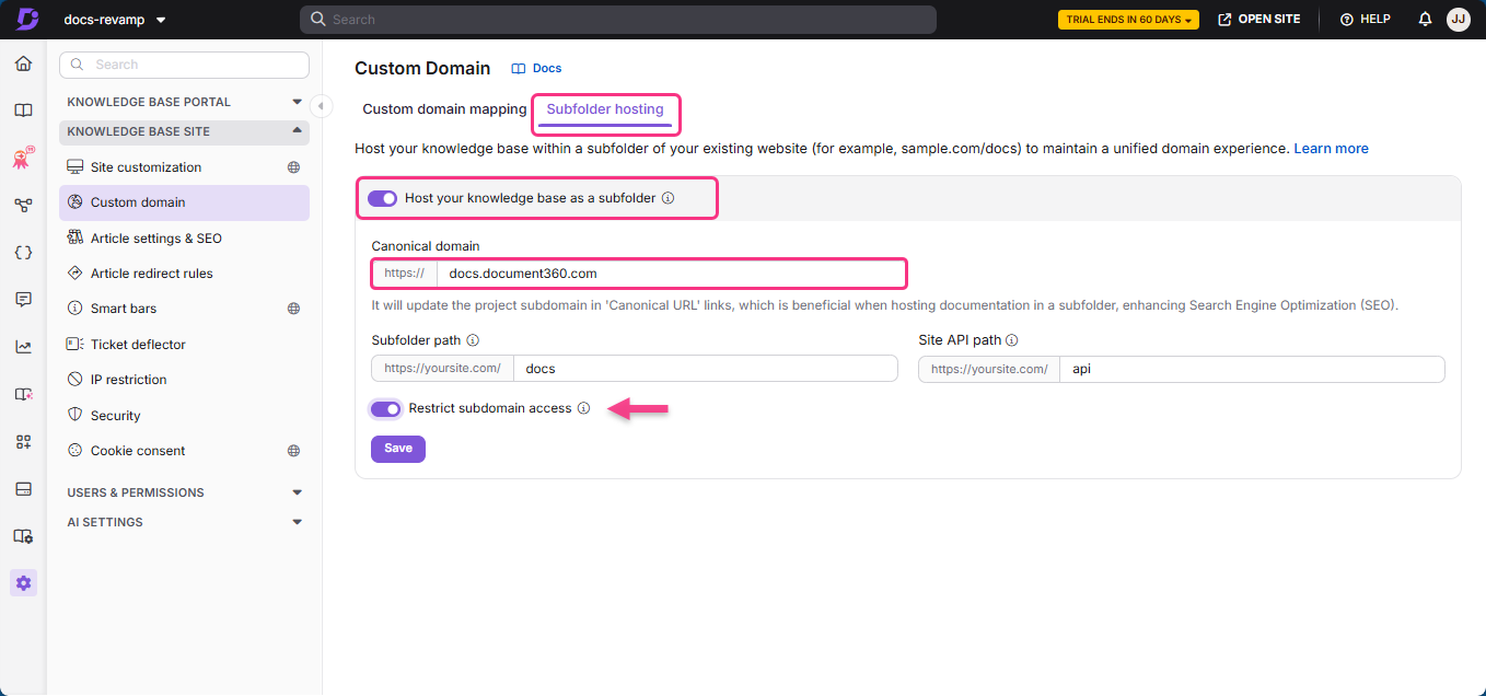 Settings for custom domain mapping, including subfolder hosting and canonical domain options.