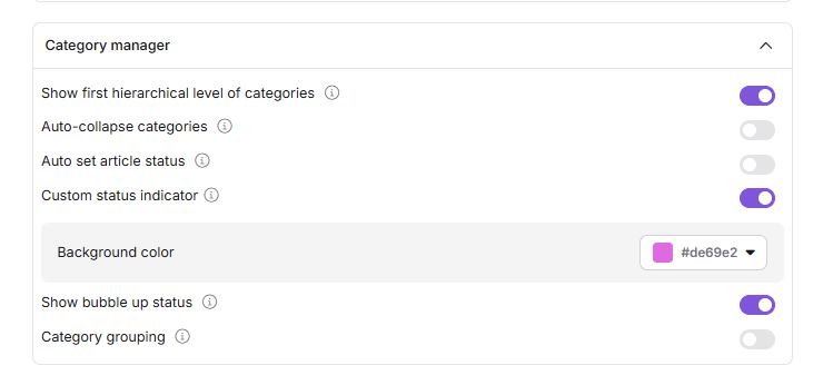 Category manager accordion in Article settings showing status and navigation toggles
