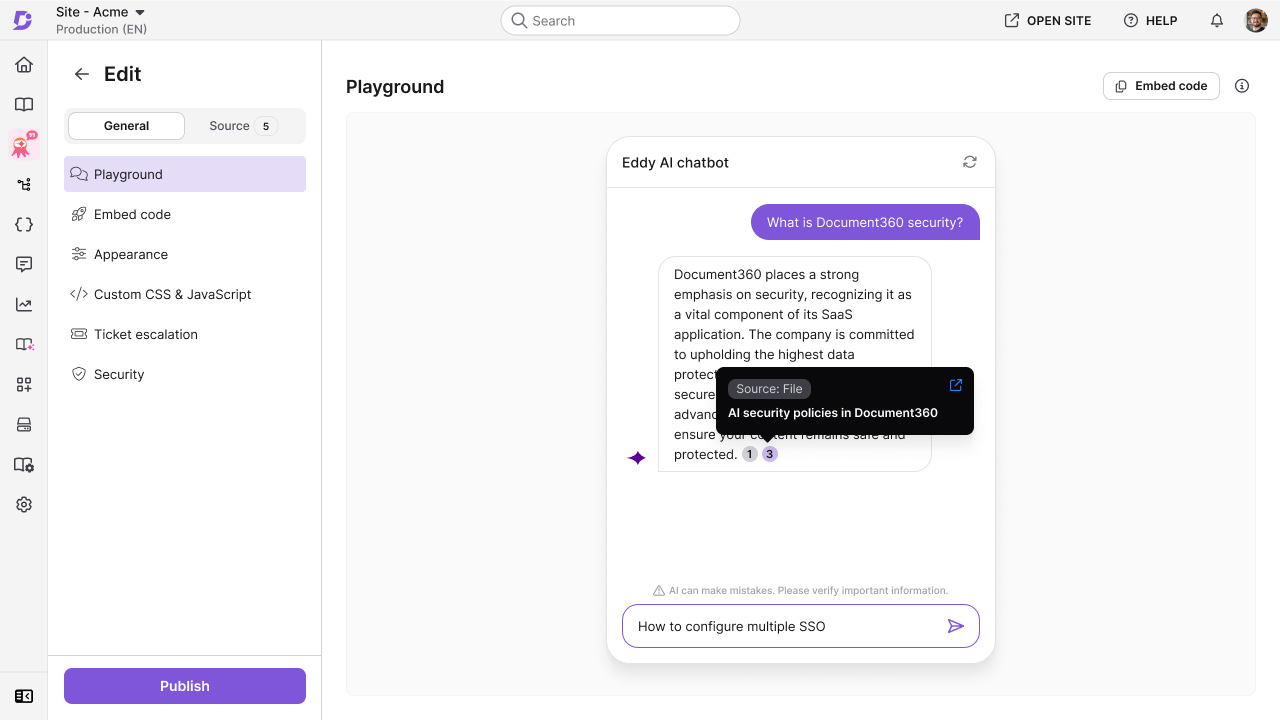 Numbered citation pills at the end of a chatbot answer in the Playground, with a source tooltip open