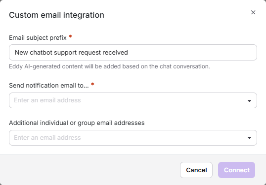 Custom email integration dialog showing email subject prefix and notification email fields.