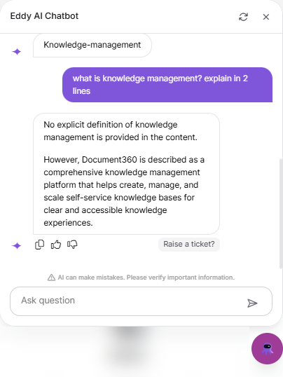 Eddy AI Chatbot answer showing copy, like, and dislike icons and the Raise a ticket? option.