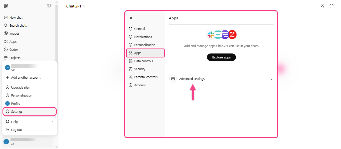 Settings menu showing Apps and Advanced settings options for ChatGPT.