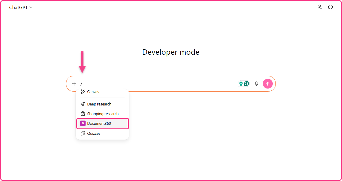 Menu options in Developer mode with Document360 highlighted for selection.