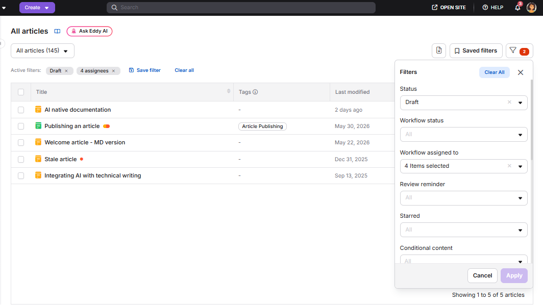 All articles page showing clear filter options including Clear all and individual filter removal
