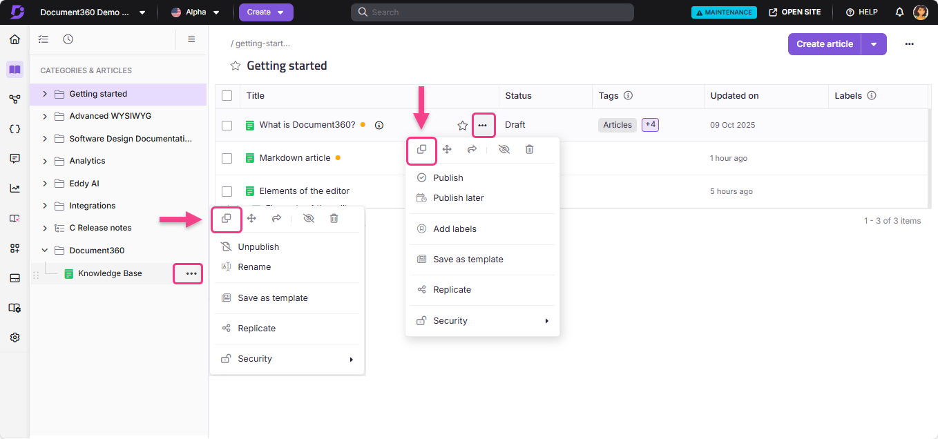 Document360 interface showing article management options and highlighted publish feature.