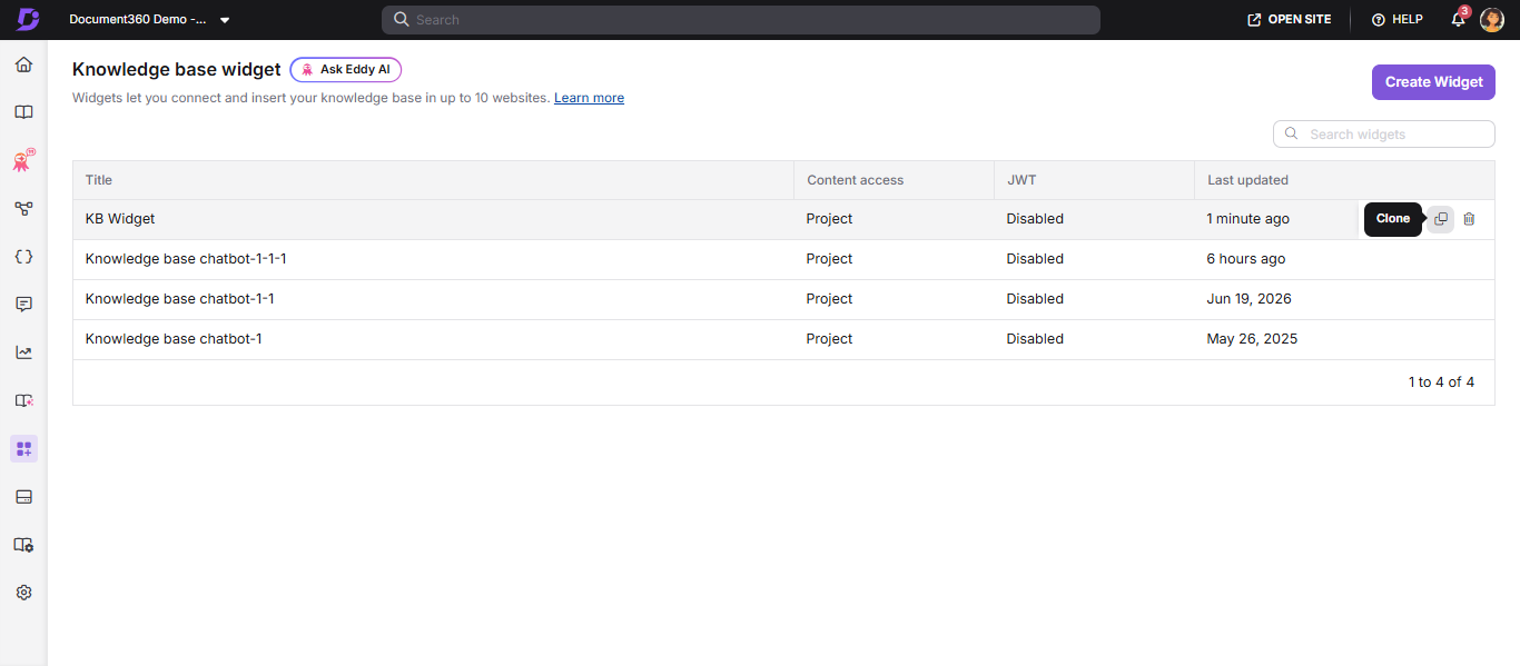 Document360 interface showing widget options with a clone button highlighted.