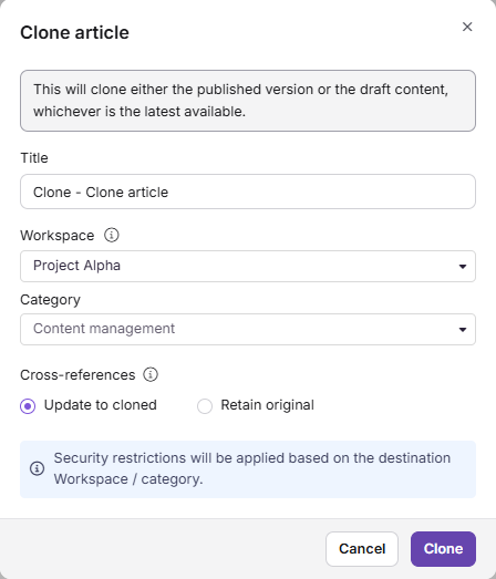 Cross-references options in the Clone article dialog