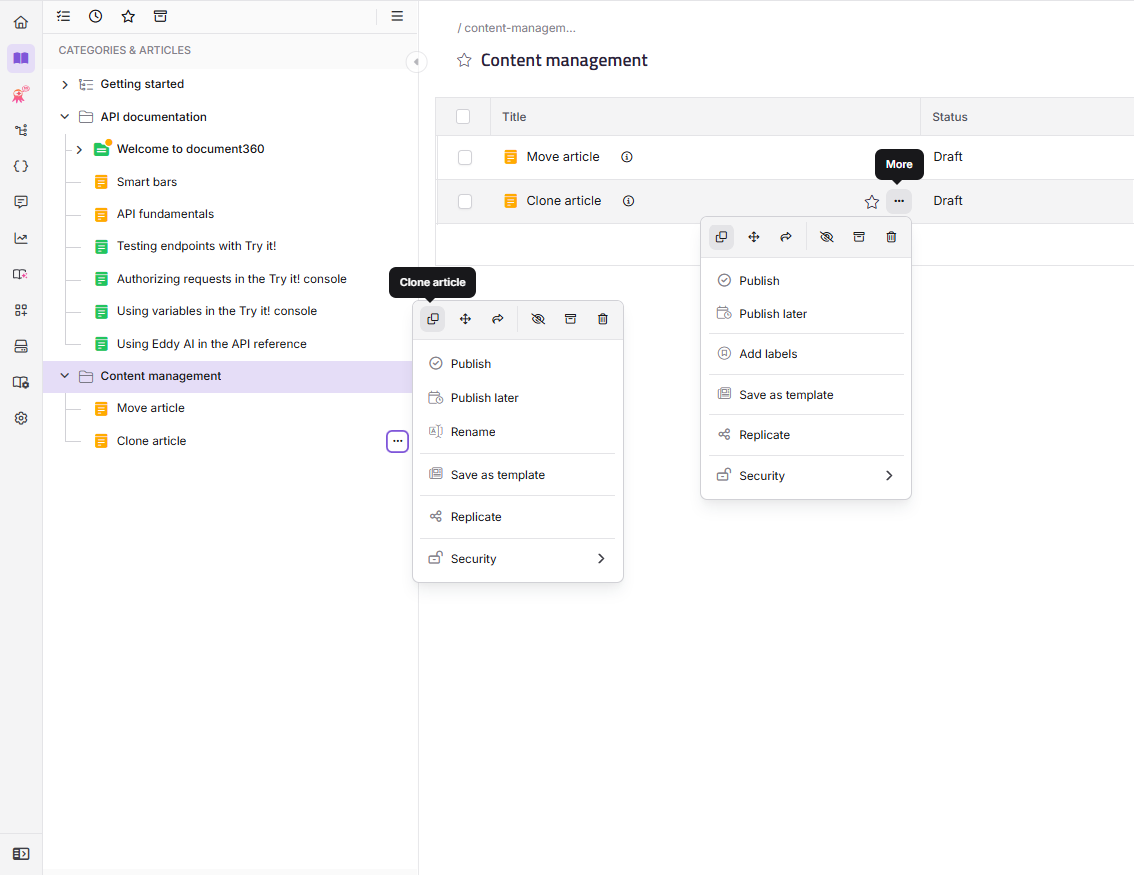 Clone article dialog showing name, workspace, category, and cross-references fields
