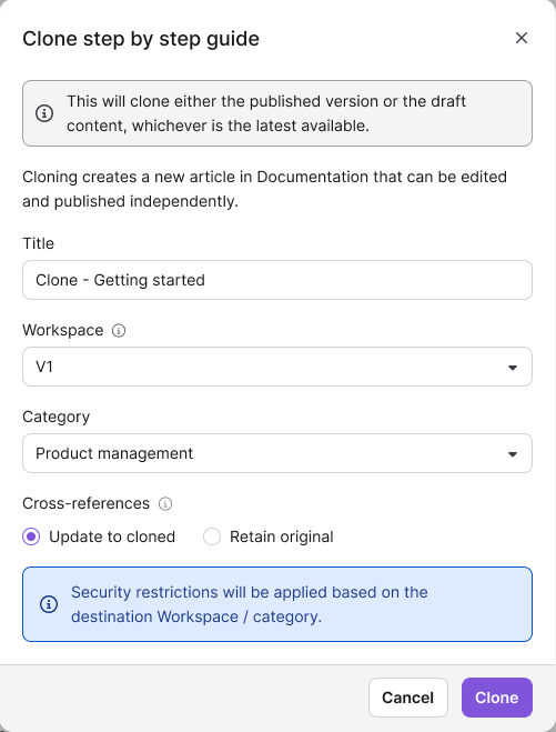 Clone guide dialog shows title, workspace, category, cross-reference options, security notice, and Clone button.