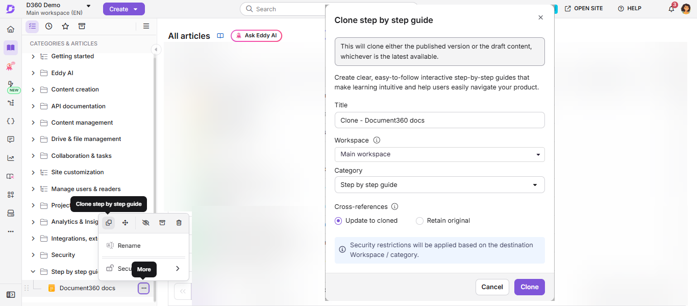 Guide for cloning articles in Document360 with highlighted options and steps.