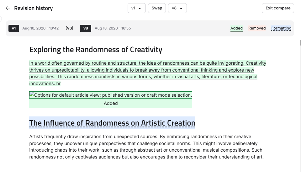 Comparison view showing two versions with added, removed, and formatting changes highlighted