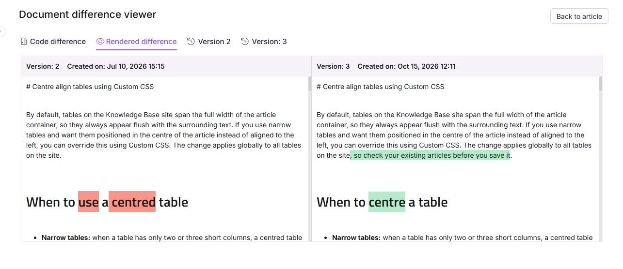 Document difference viewer showing removed content highlighted in red and added content highlighted in green