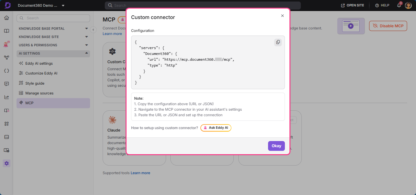 Configuration settings for connecting to Document360's custom connector interface.