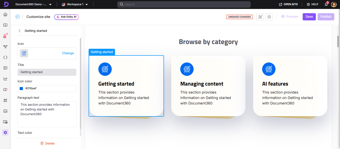 Category element settings panel showing Icon, Title, Icon color, Paragraph text, and Text color options