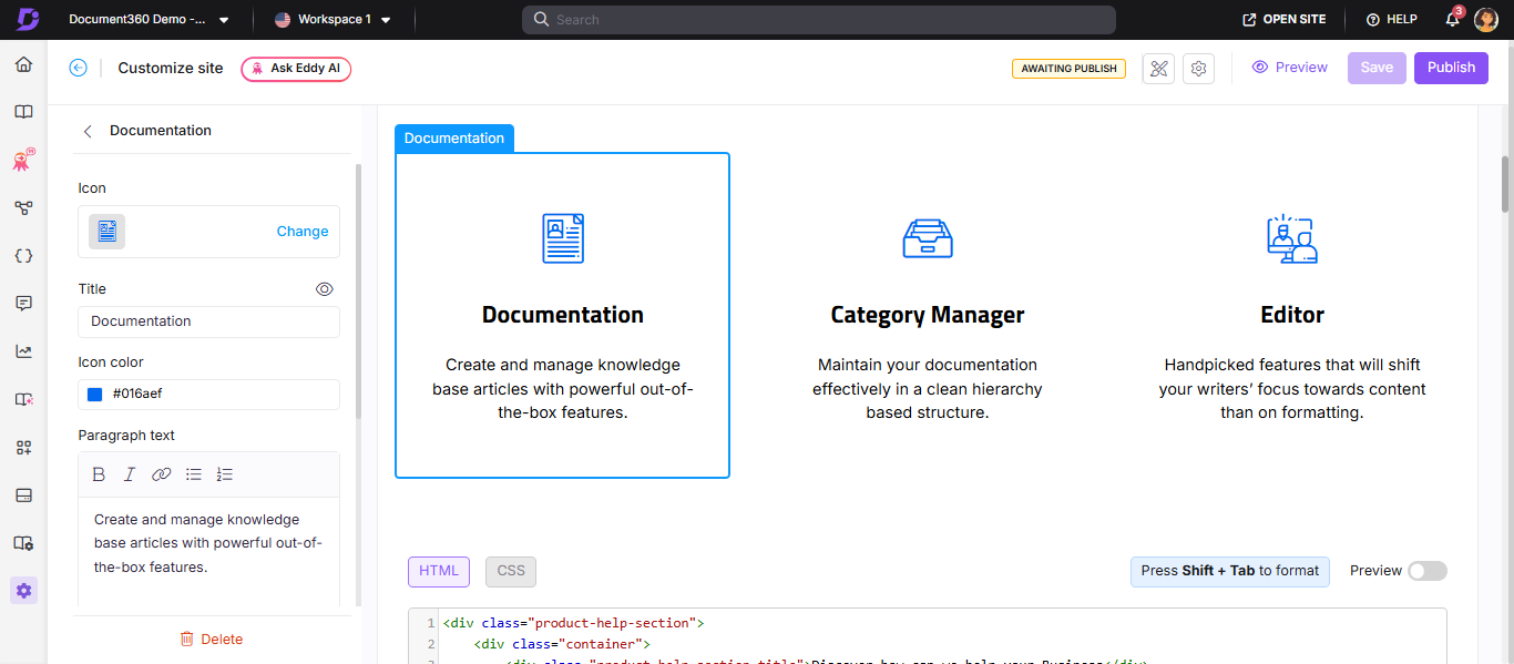 Column element settings panel showing Icon, Title, Icon color, and Paragraph text options