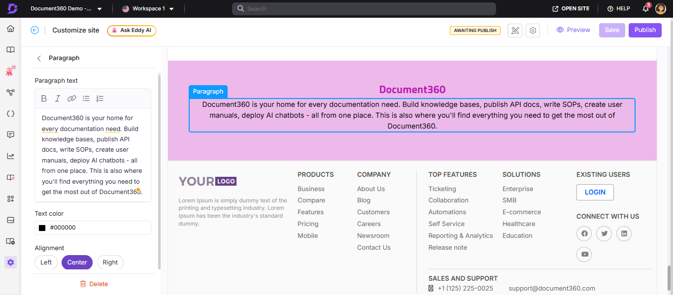 Rich text block showing Paragraph options including formatting toolbar and alignment settings