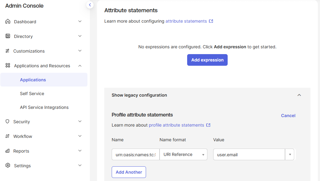 The Edit option for Profile attribute statements under Show legacy configuration in Okta