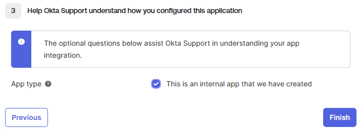 The Feedback page in Okta with This is an internal app that we have created selected