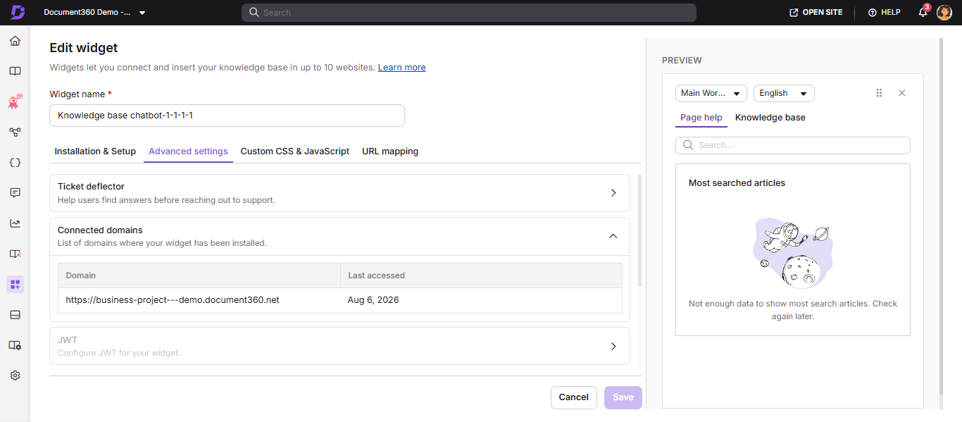 Connected domains section in the widget configuration panel showing detected domains