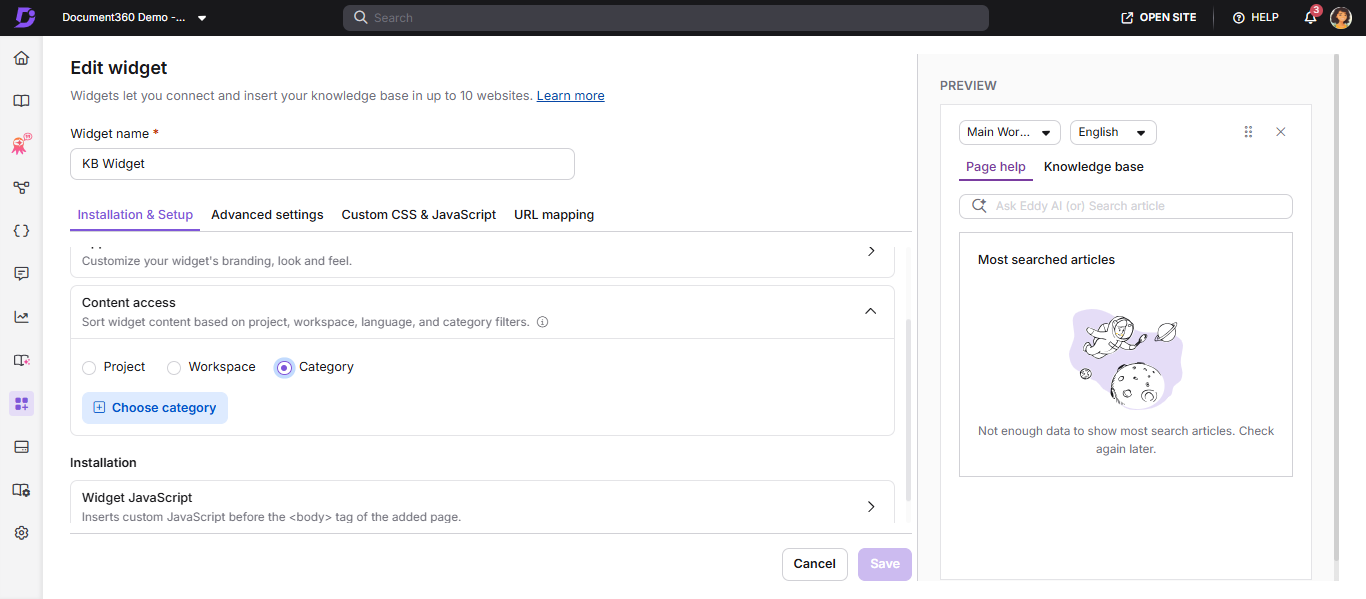 Animation showing content access configuration steps in the knowledge base widget.