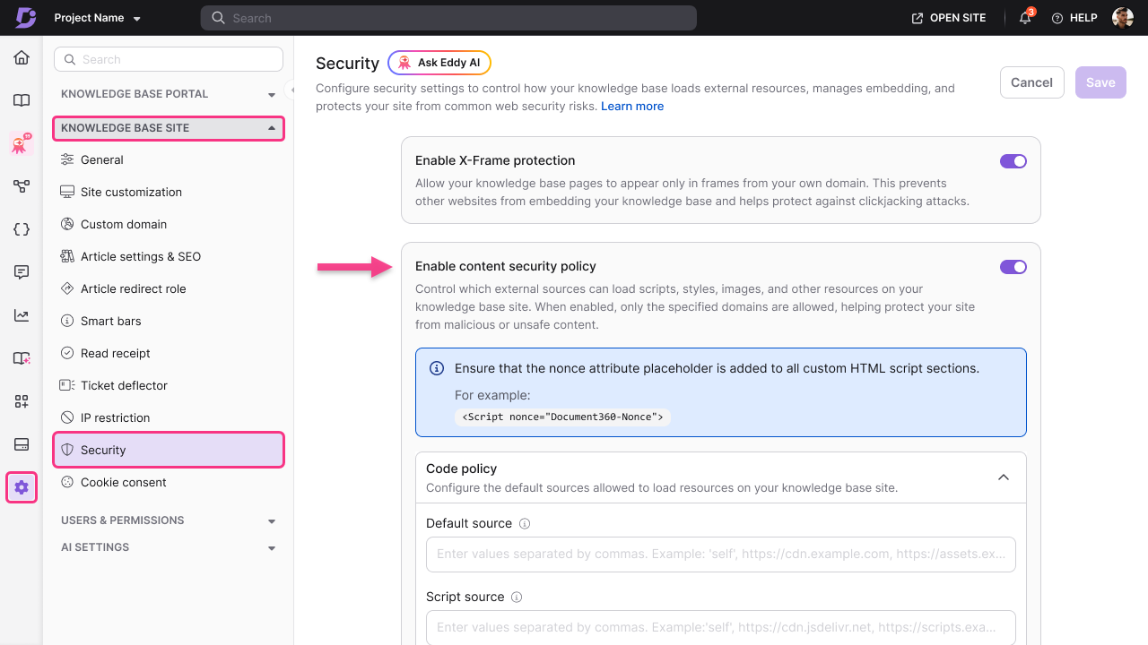 Settings page showing security options for knowledge base site configuration.
