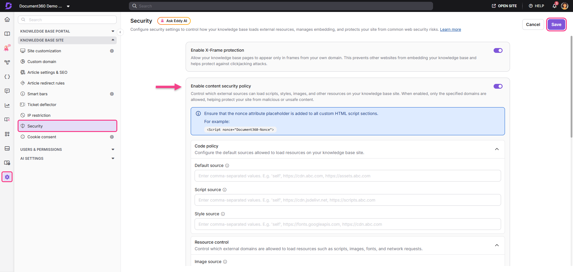 Settings page for configuring security policies in a knowledge base application.