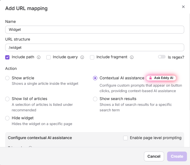 Widget configuration interface showing URL mapping and contextual AI assistance options