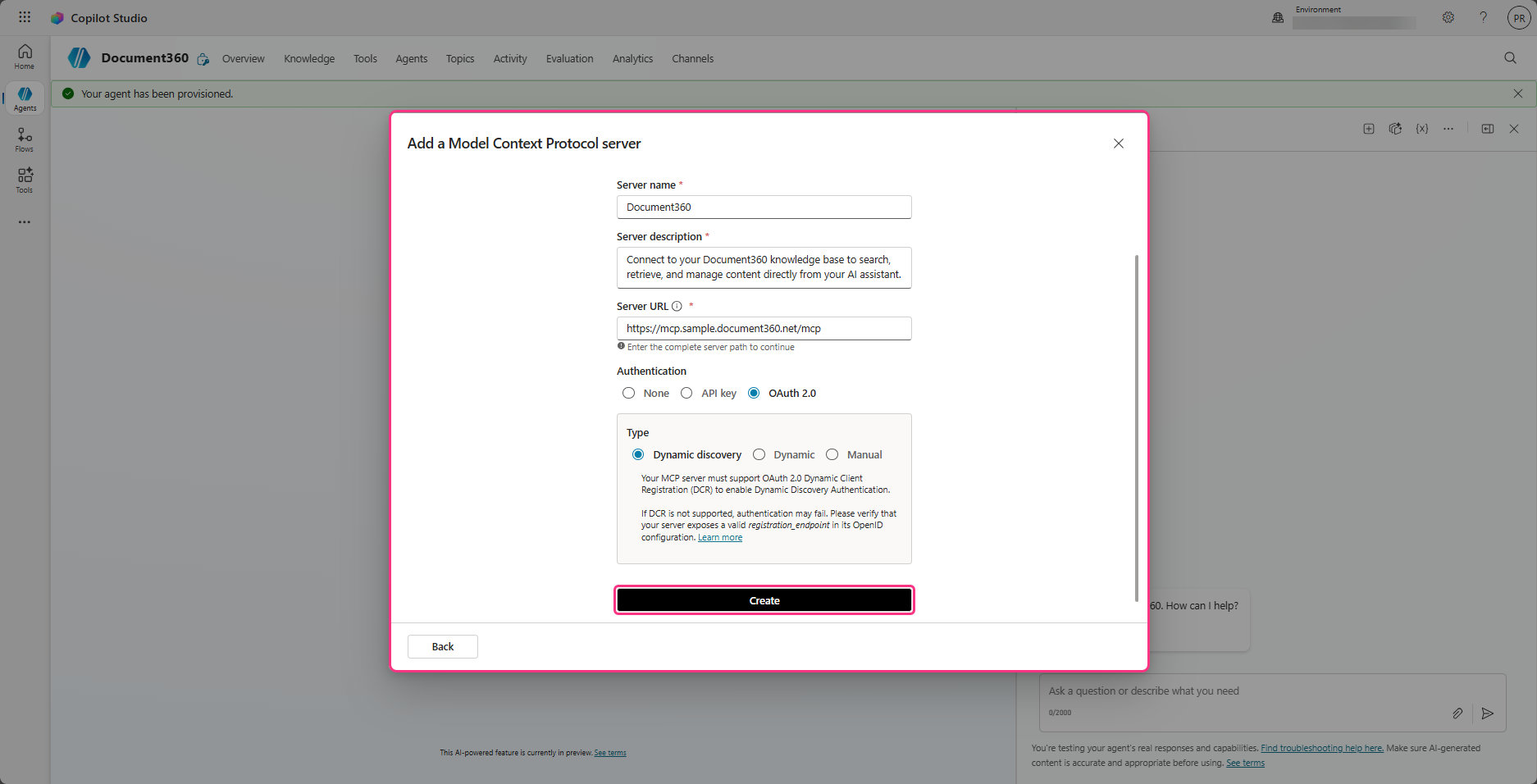 Form for adding a Model Context Protocol server with required fields and options.