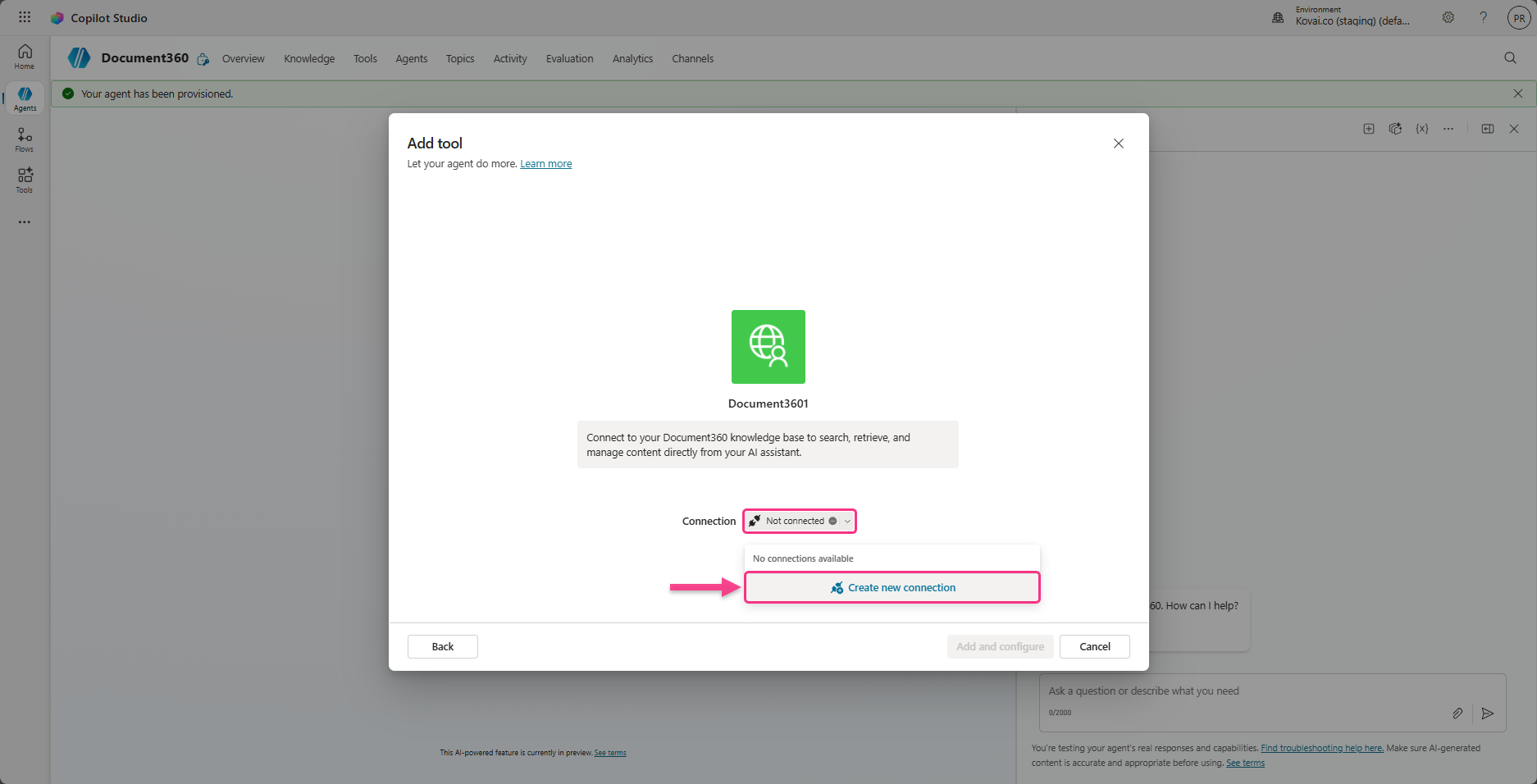 Document360 tool setup screen showing connection options and instructions for creating connections.