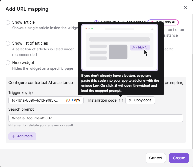 Instructions for configuring contextual AI assistance with a widget installation code