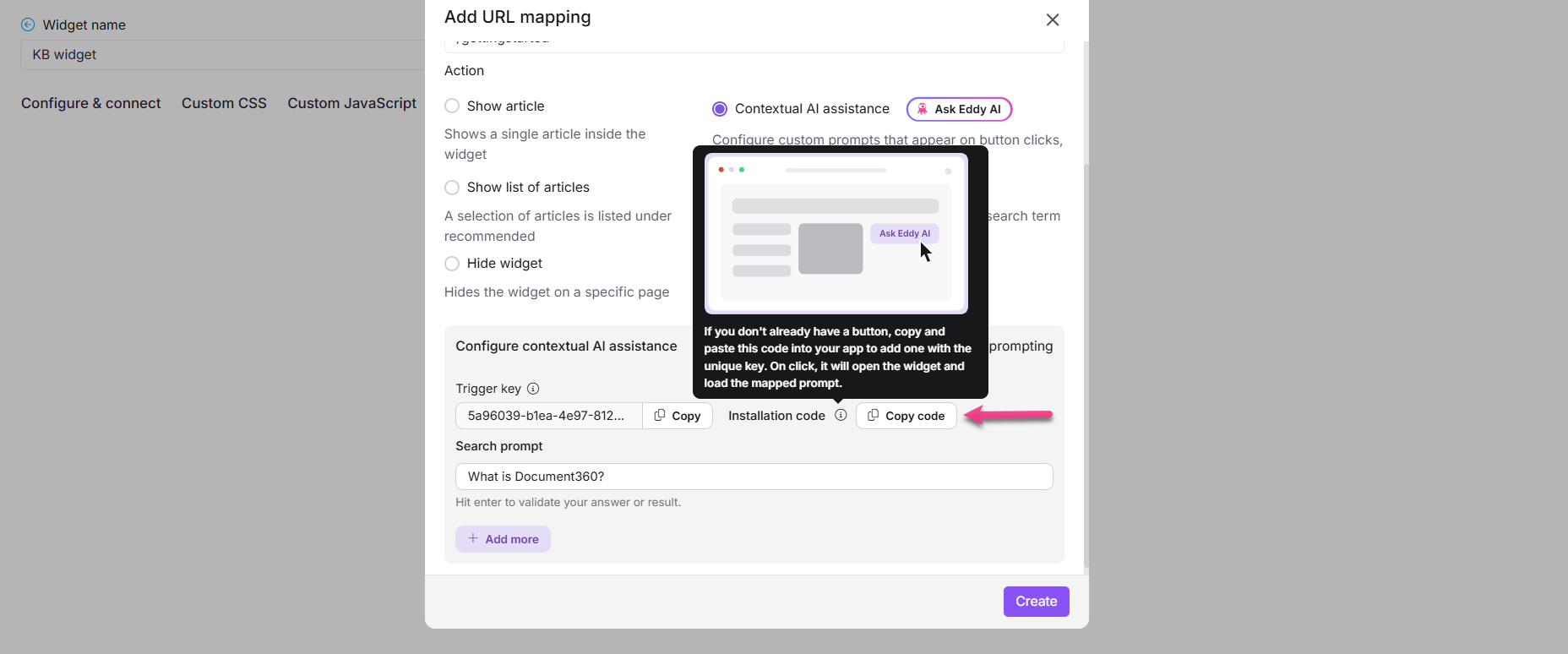 Instructions for configuring contextual AI assistance with a widget installation code.