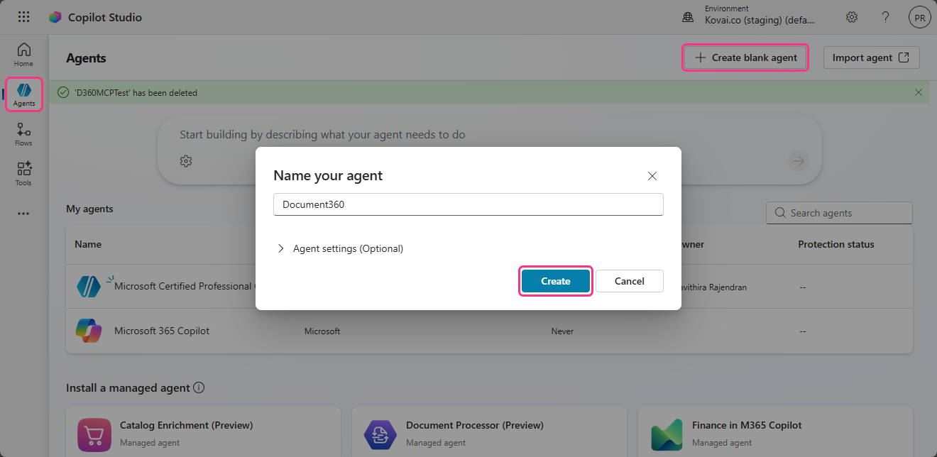 Creating a new agent named Document360 in Copilot Studio interface.