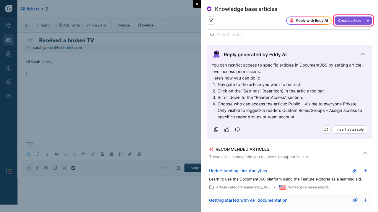 Instructions for restricting article access in Document360 with highlighted steps.