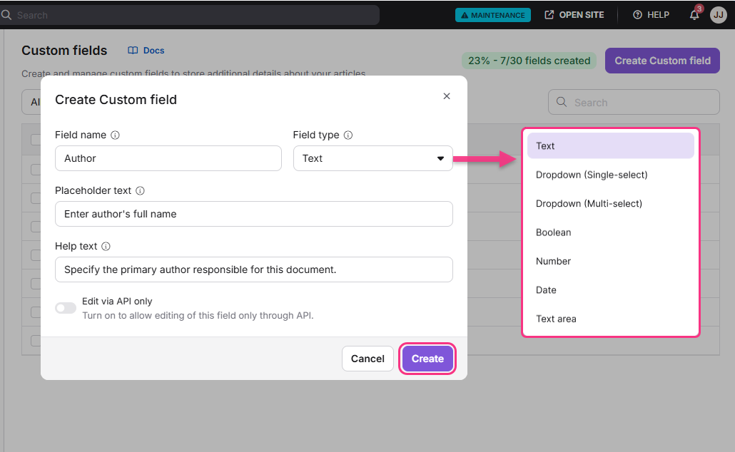 Creating a custom field for author details in a document management system.