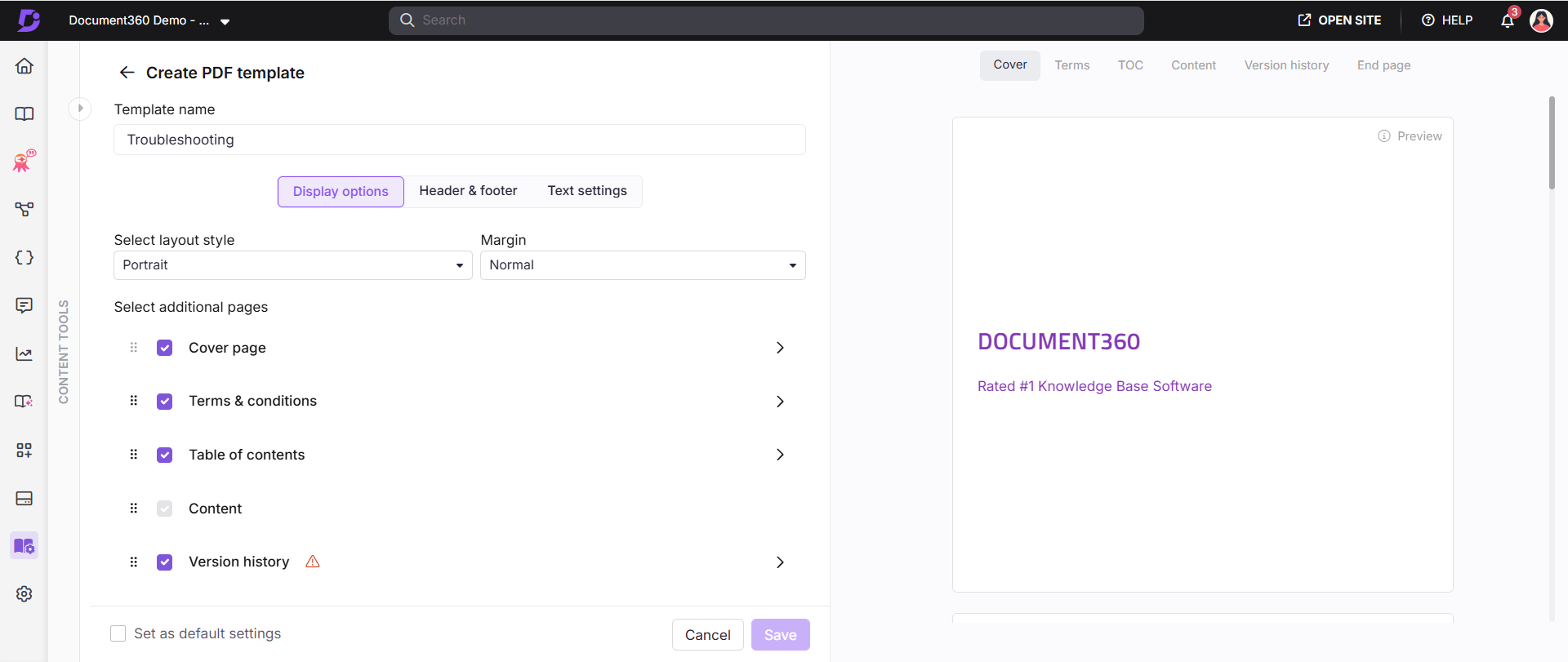 Create PDF template panel showing the three configuration tabs