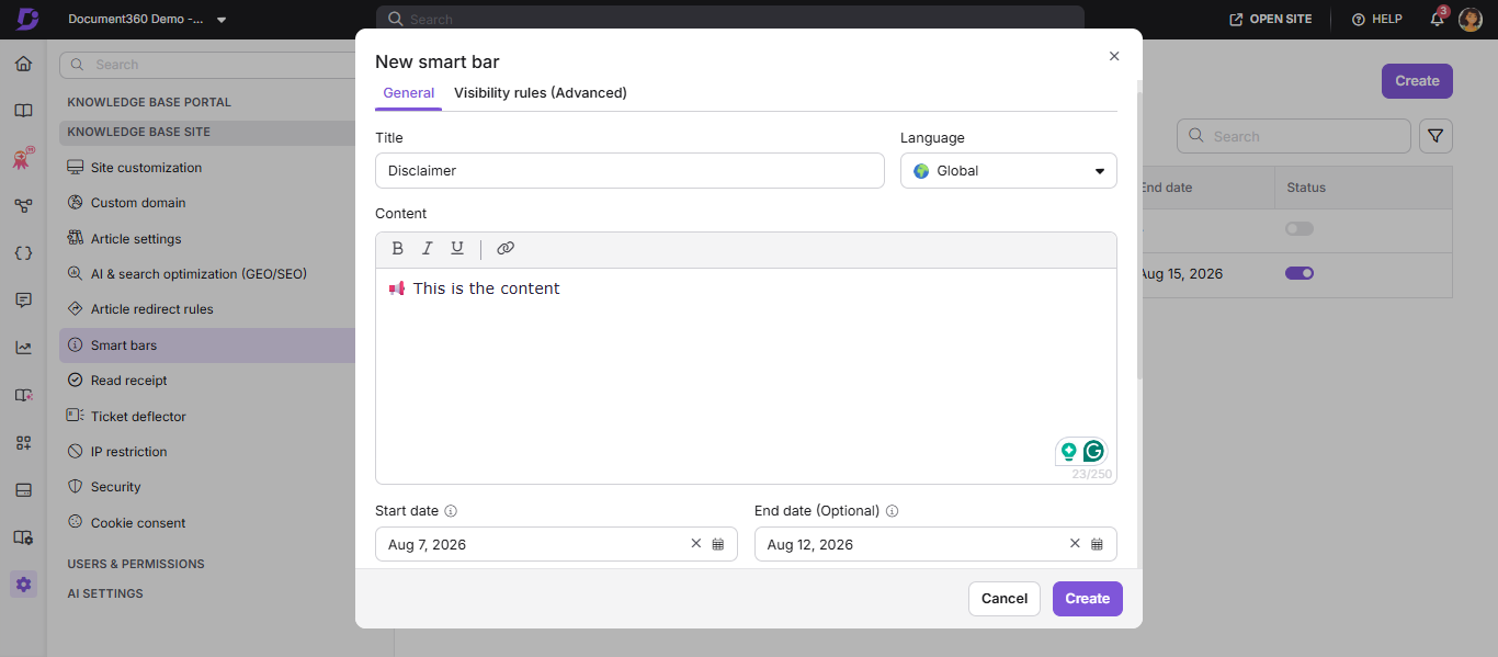 Document360 Smart bars overview page showing language selector, status toggles, and list of configured smart bars