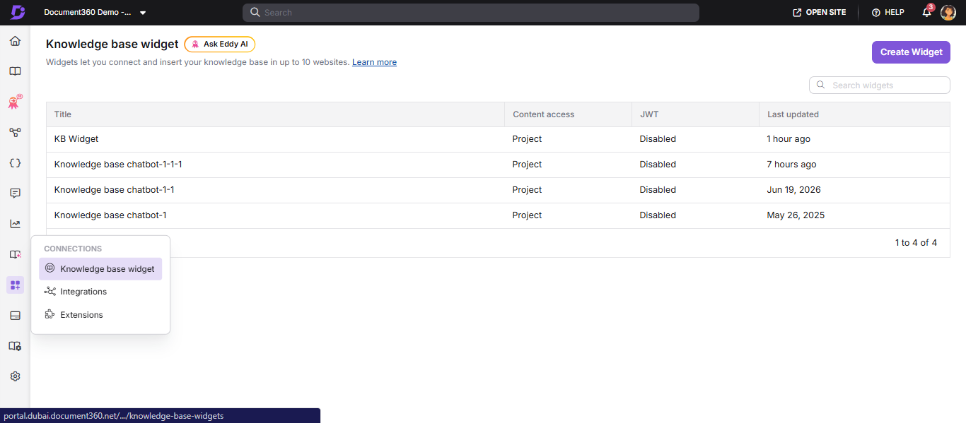 Connected domains accordion expanded in the widget configuration showing detected domains