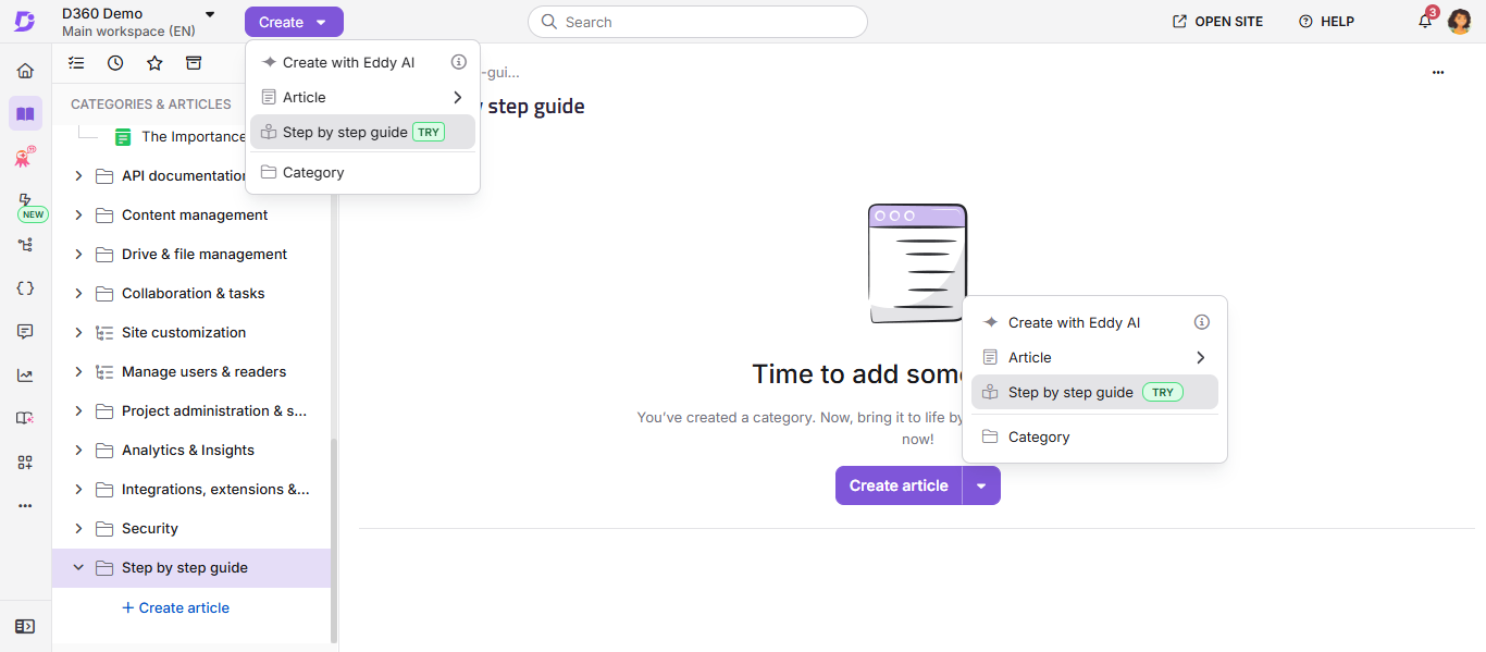 User interface for creating articles with highlighted step-by-step guide option.