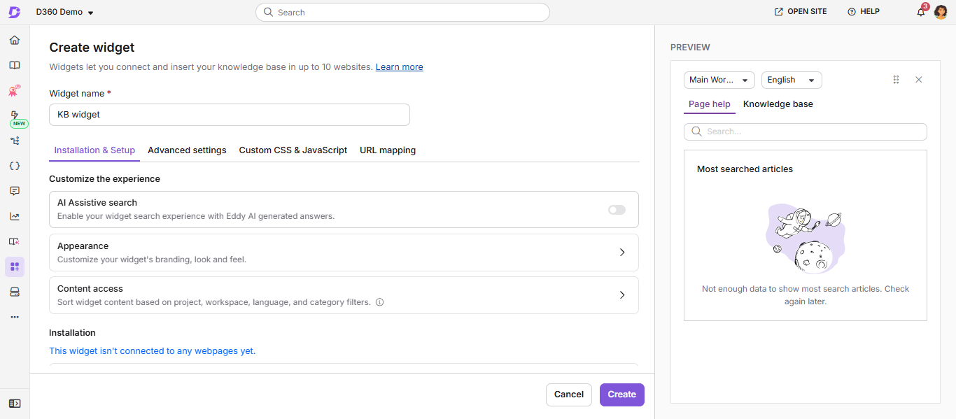 Connected domains accordion expanded in the widget configuration showing detected domains