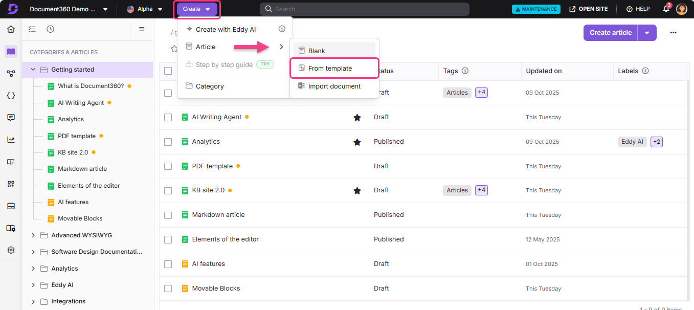 Creating a new article in Document360 with options for templates and categories.