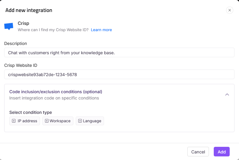 Integration setup for Crisp with description and website ID fields displayed.