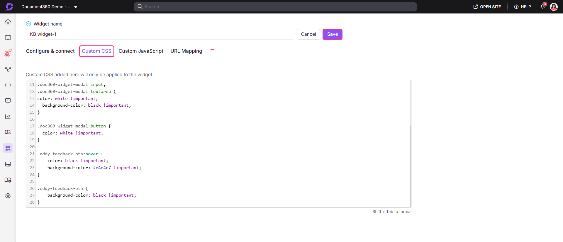 Custom CSS code for a widget configuration in Document360 interface.