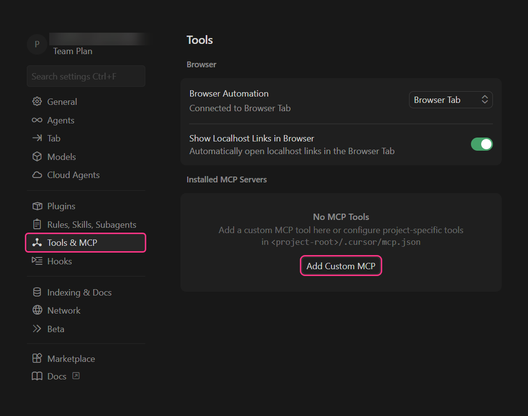 Settings menu showing Tools & MCP with options for browser automation and custom tools.