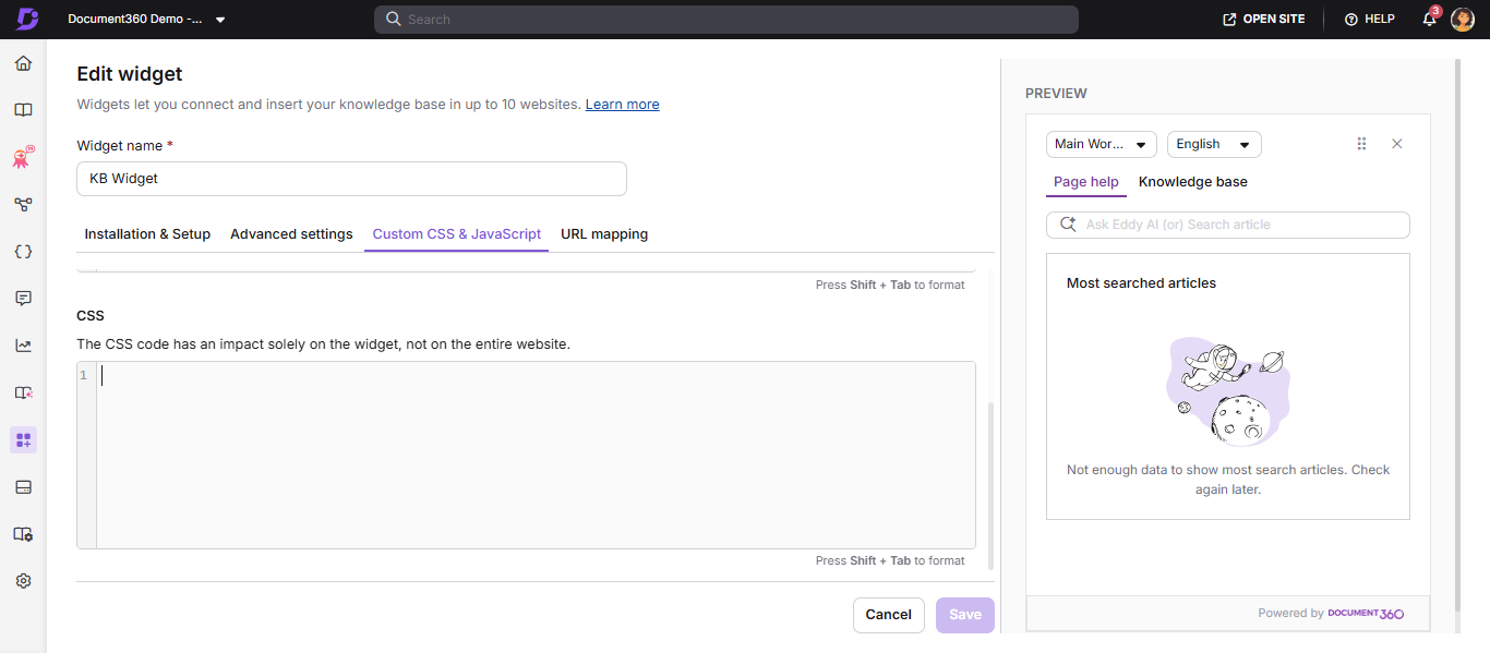 Custom CSS tab in the widget configuration showing dark theme code