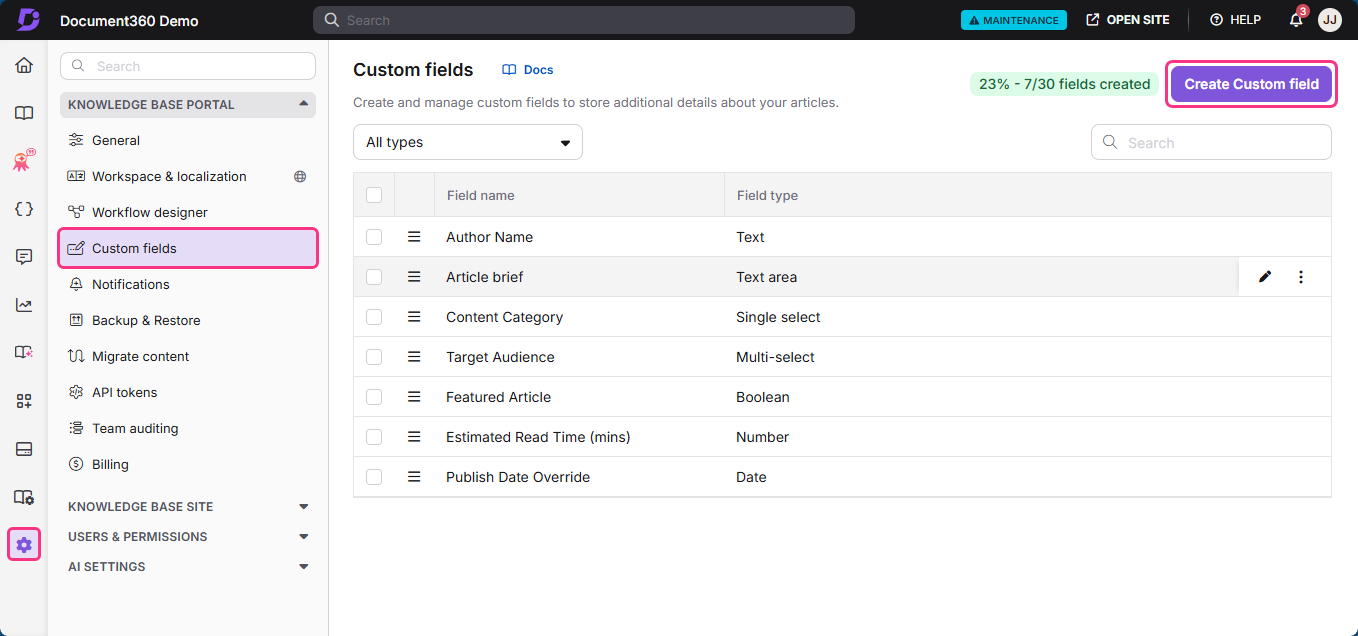 Document360 interface showing custom fields for knowledge base article management.